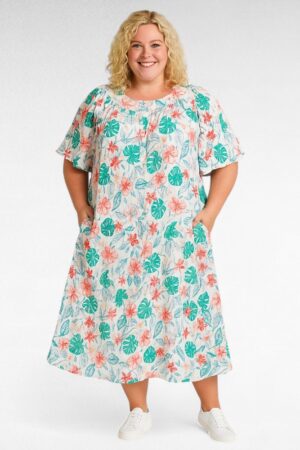 KL.393 - "Go Softly" valge-ja rohelisekirju lehemustriga suvekleit