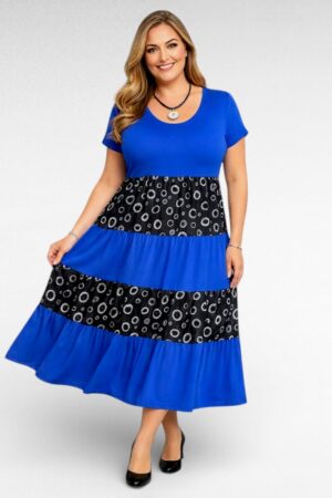 KL.476 - Elektrisinine valge ringimustriga pikk satsiline kleit "Sabex"