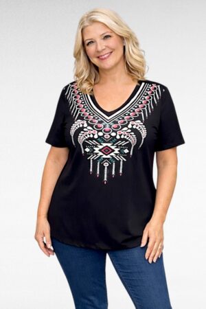 PL.361 - Must etnomustriga V-kaelusega pluus "Siret"