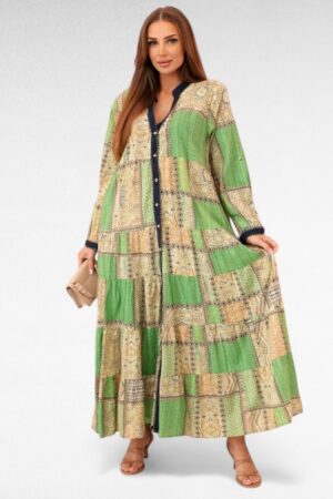 KL.877 - Satsiline lapitekimustriga boho stiilis rohelisekirju taskutega suvekleit  "Inga"