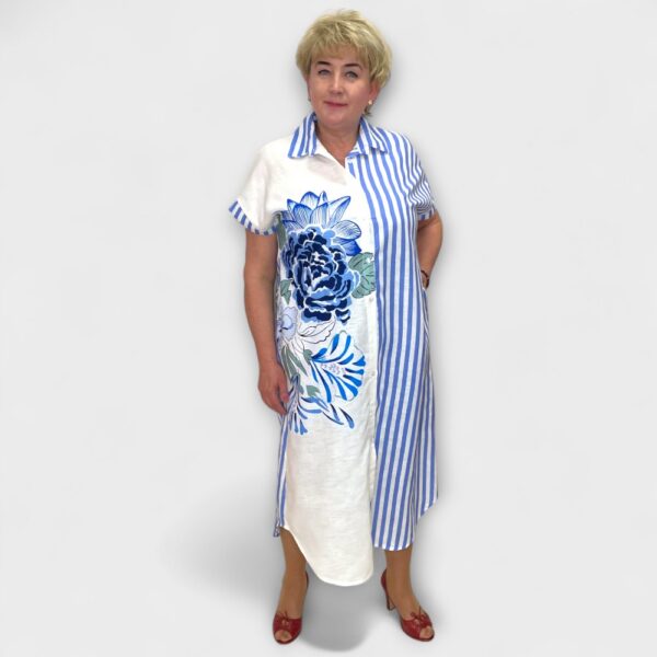 KL.728 - Valge lille-ja triibumustriga eest nööpidega pikk kleit "Elise" - Image 5
