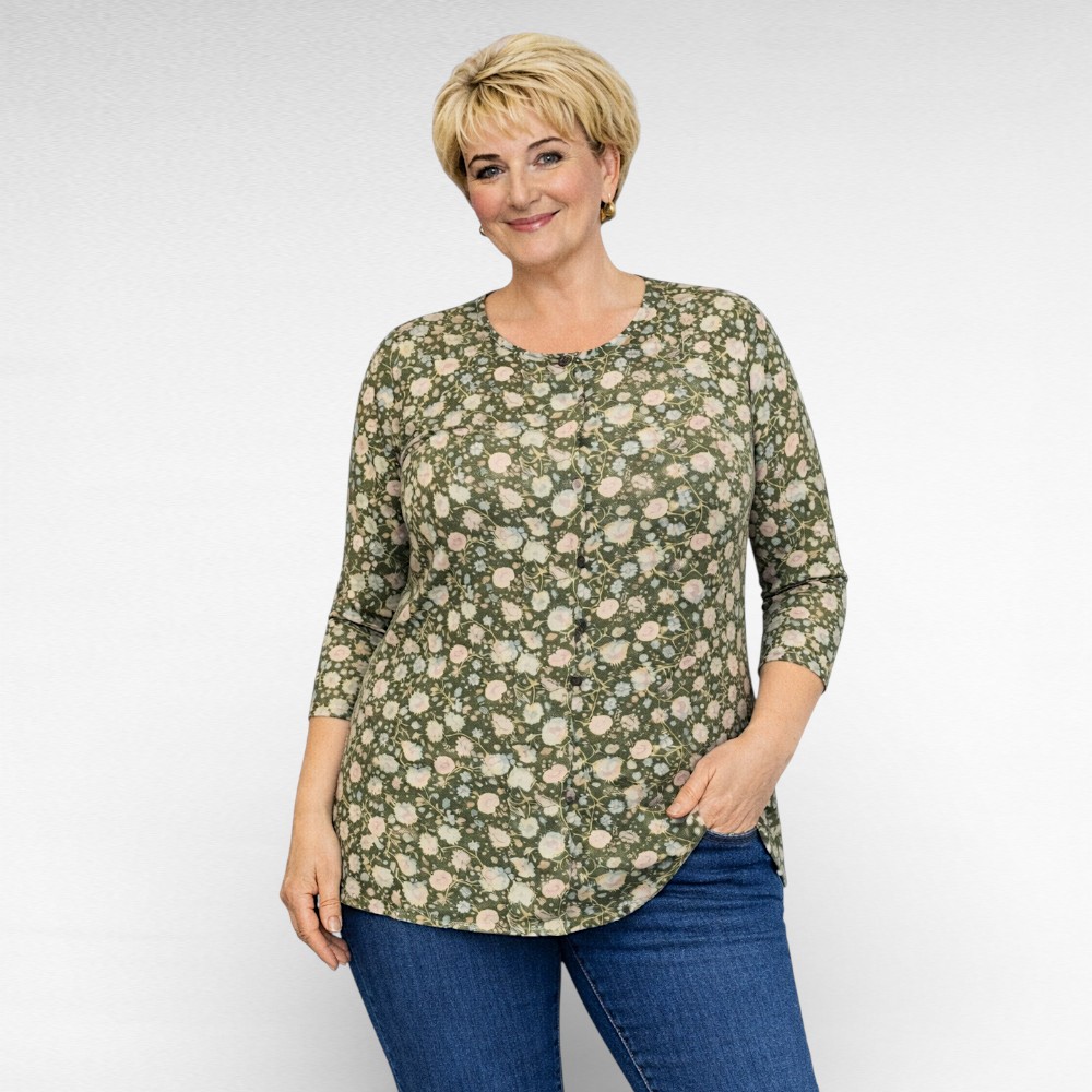 PL.231 - Oliivitooni lillemustriga pikem pluus "Sheego"