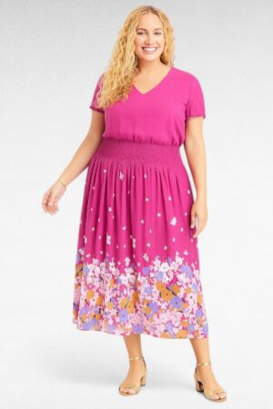 KL.090 - Fuksiaroosa alt lillelise portega kaunis kleit "Jessica London"