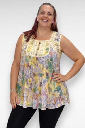 Kollasekirju pitsi ja tikanditega pluus/top "Denim 24/7"  (PL.392)