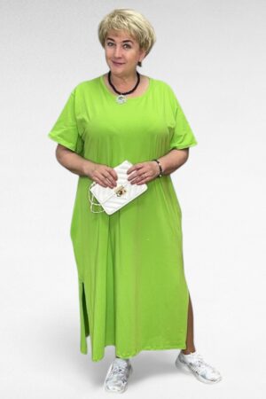 KL.629 - Pikk taskutega puuvillane salatiroheline dresskleit "Mariette"