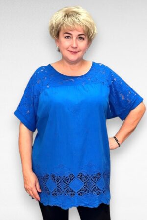 Pitsiga kaunistatud pluss suurus suvine puuvillane pluus  (PL.594)