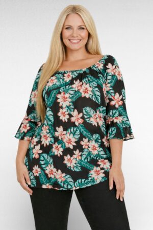 PL.108 - Rohelisekirju troopilise mustriga pluus "Evans"