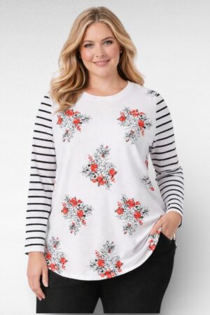 PL.476 - Valge triibuliste varrukatega lillemustriga pluus "Anthology"