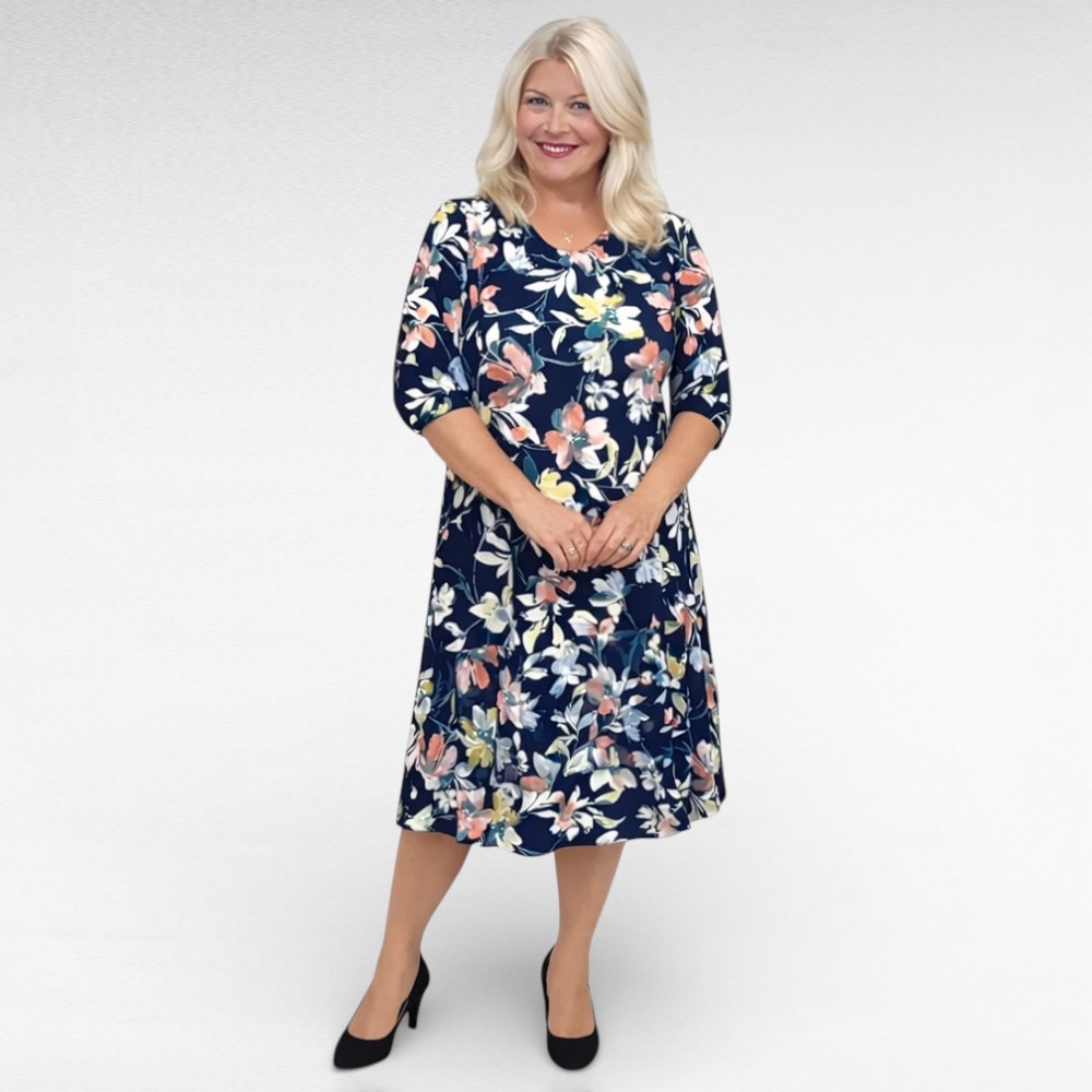 KL.640 - Tumesinine oranžililleline alt satsiga kleit "Eleriin" - Image 2