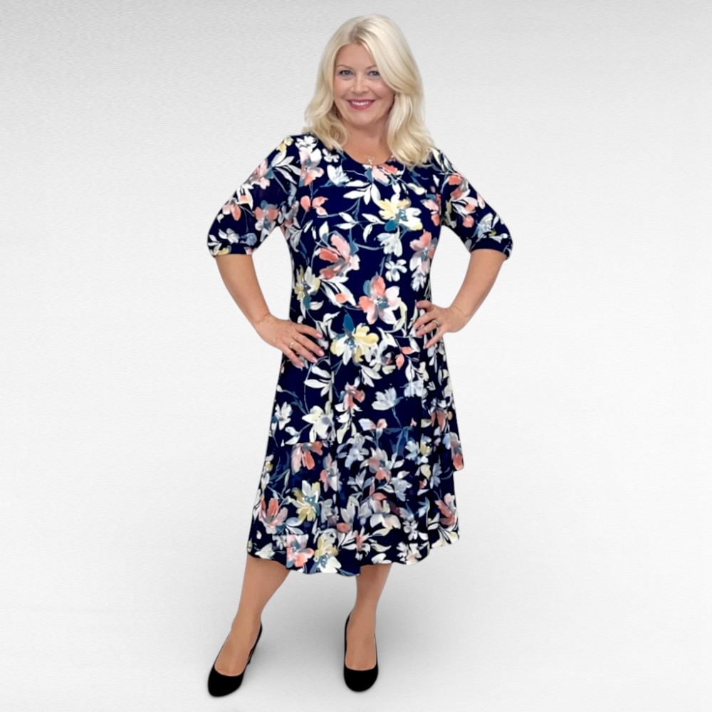 KL.640 - Tumesinine oranžililleline alt satsiga kleit "Eleriin"