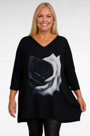 TU.519 - Must efektse roosimustriga V-kaelusega tuunika "Betti Fashion"