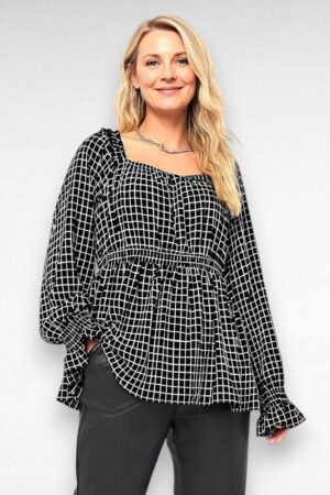 Peplumlõikega mustaruuduline pluus "Simply Be" (PL.404)