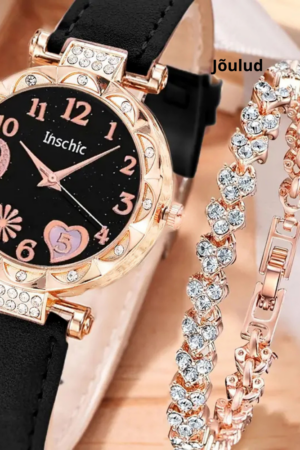 Kaunis kinkekomplekt-musta rihmaga sätendav käekell ja kuldne käekett