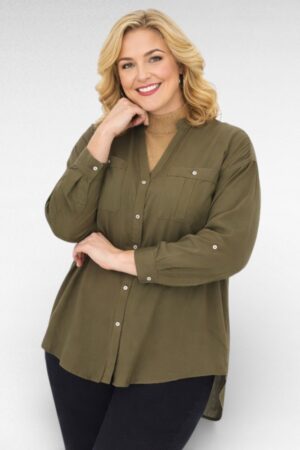 PL.370 - Khakiroheline eest nööpidega pikem naiste pluus "Capsule"