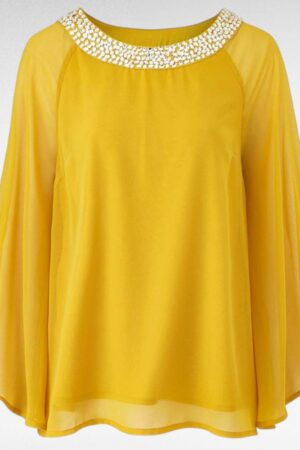 PL.084 - Pidulik ookrikollane sätendava kaelusega pluus "Joanna Hope"