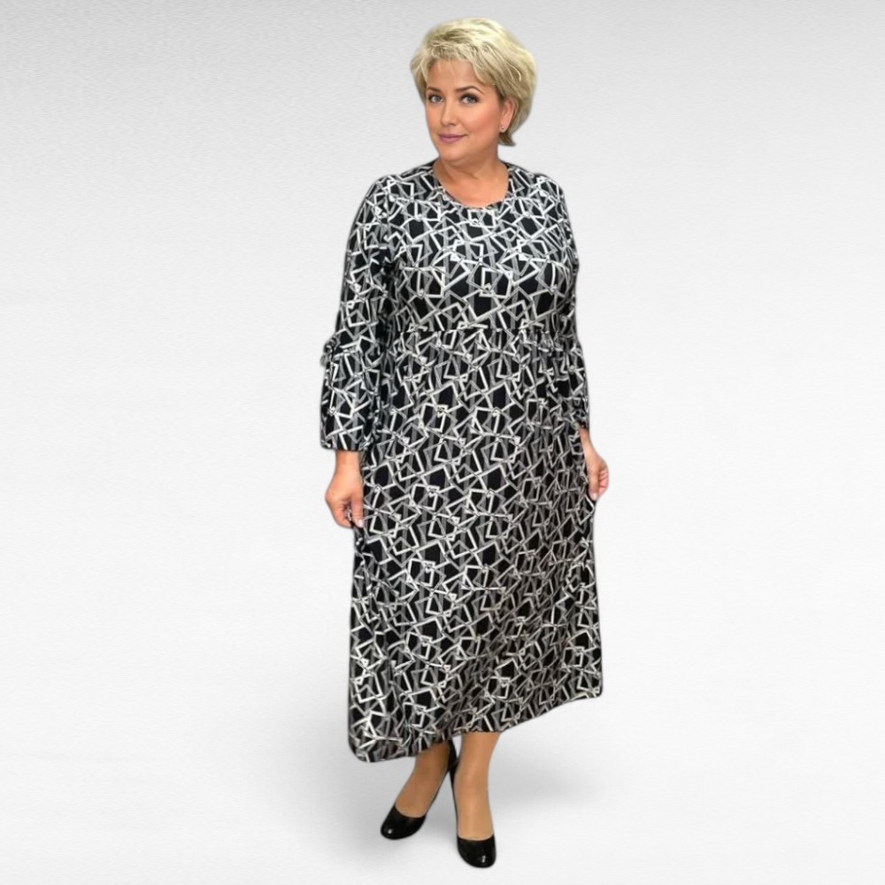 KL.496 - Mustakirju mustriga pikk satsiliste varrukatega kleit "Marika"