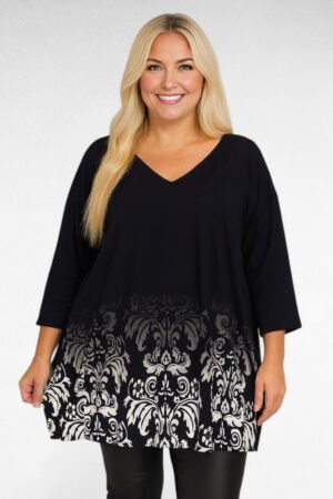 TU.142 - Must hallikasvalge abstraktse mustriga V-kaelusega tuunika "Esmira Fashion"