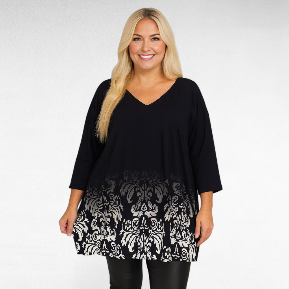 TU.142 - Must hallikasvalge abstraktse mustriga V-kaelusega tuunika "Esmira Fashion"