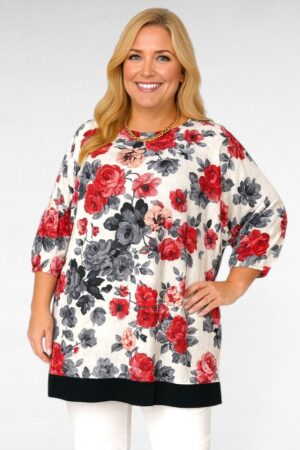 TU.615 - Stiilne punasekirju lillemustriga poolpikkade varrukatega tuunika "Esmira Fashion"