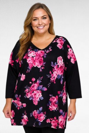 TU.648 - Must roosakirju roosimustriga V-kaelusega tuunika "Esmira Fashion"