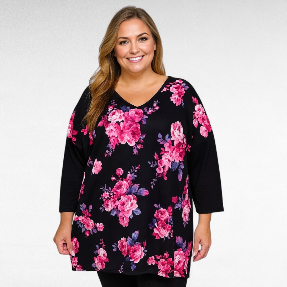 TU.648 - Must roosakirju roosimustriga V-kaelusega tuunika "Esmira Fashion"