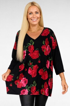 TU.618 - Must punase-ja roosakirju roosimustriga V-kaelusega tuunika "Esmira Fashion"