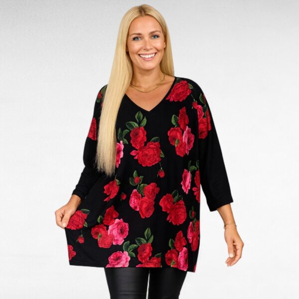 TU.618 - Must punase-ja roosakirju roosimustriga V-kaelusega tuunika "Esmira Fashion"