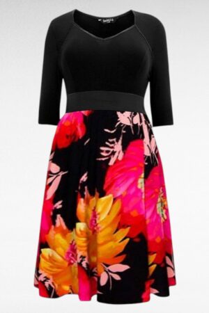 KL.338 - Must kollase- ja roosalillelise seelikuosaga kleit "Scarlett and Jo"