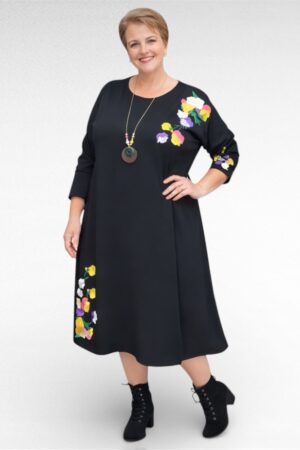 KL.689 - Must kollase- ja lillakirjute lilletikanditega taskutega kleit "Milve"