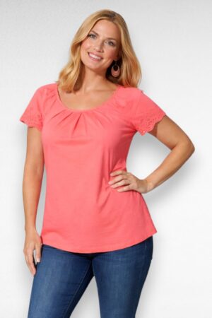 PL.240 - Korallroosa broderiipitsist varrukatega pluus "Blancheporte"