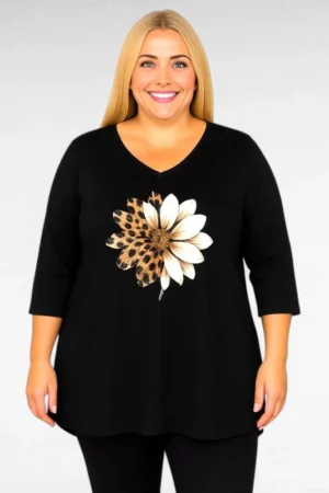 TU.613 - Naiselik must V-kaelusega lillemustriga tuunika "Betti Fashion"