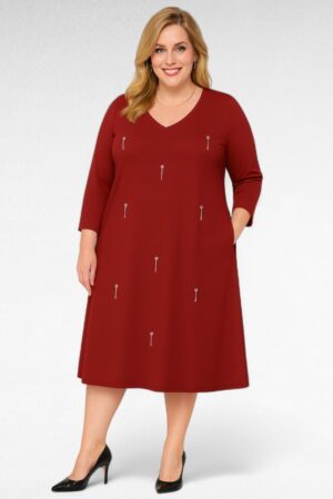 KL.672 - Punane taskutega V-kaelusega kleit "Seraj"