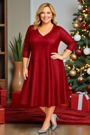 KL.360 - Pidulik V-kaelusega läikivast sametisest materjalist kleit