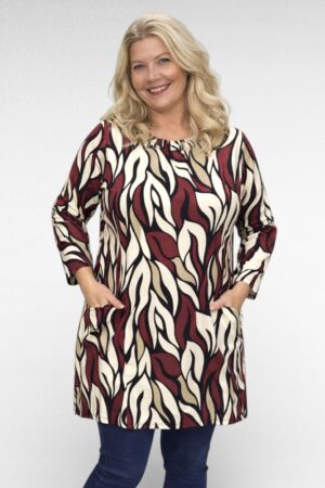 TU.511 - Punase- ja beežikirju mustriga taskutega tuunika