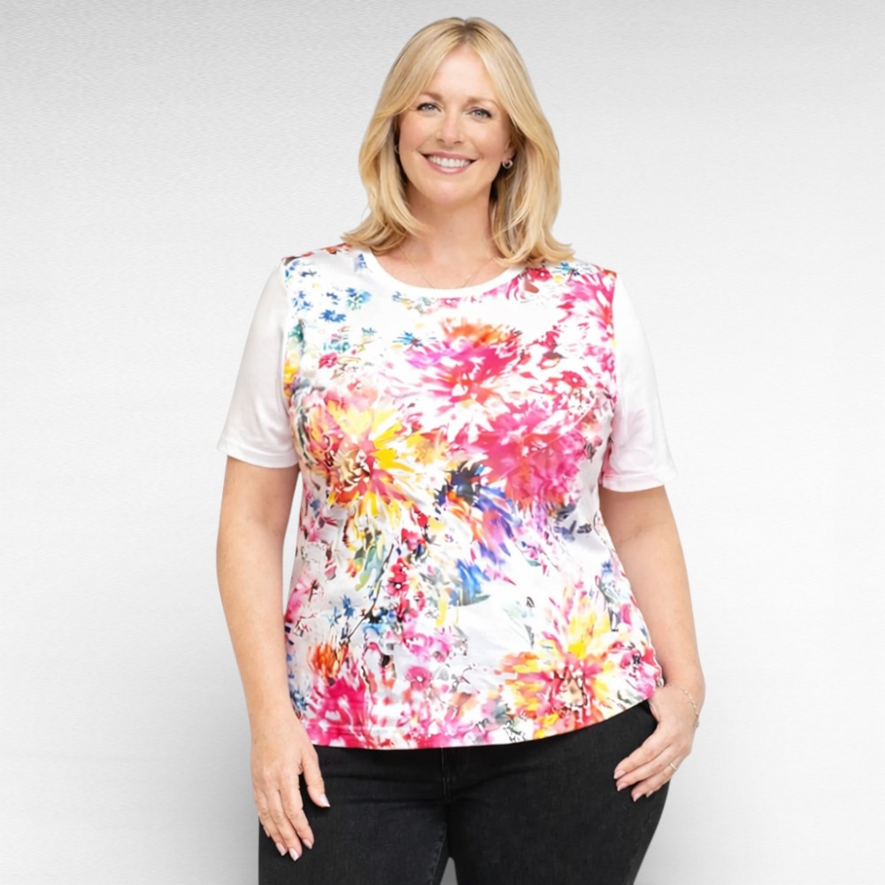 PL.443 - Valge värvilise pitsilise lillemustriga pluus "Text"