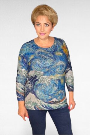 PL.022 - Sinise- ja kollasekirju pehme soe pluus "Womanary"