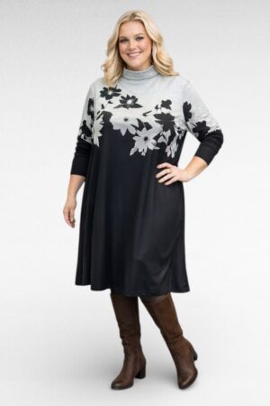 KL.952 - Halli- ja mustakirju lillemustriga soojem kleit "Emery Rose"