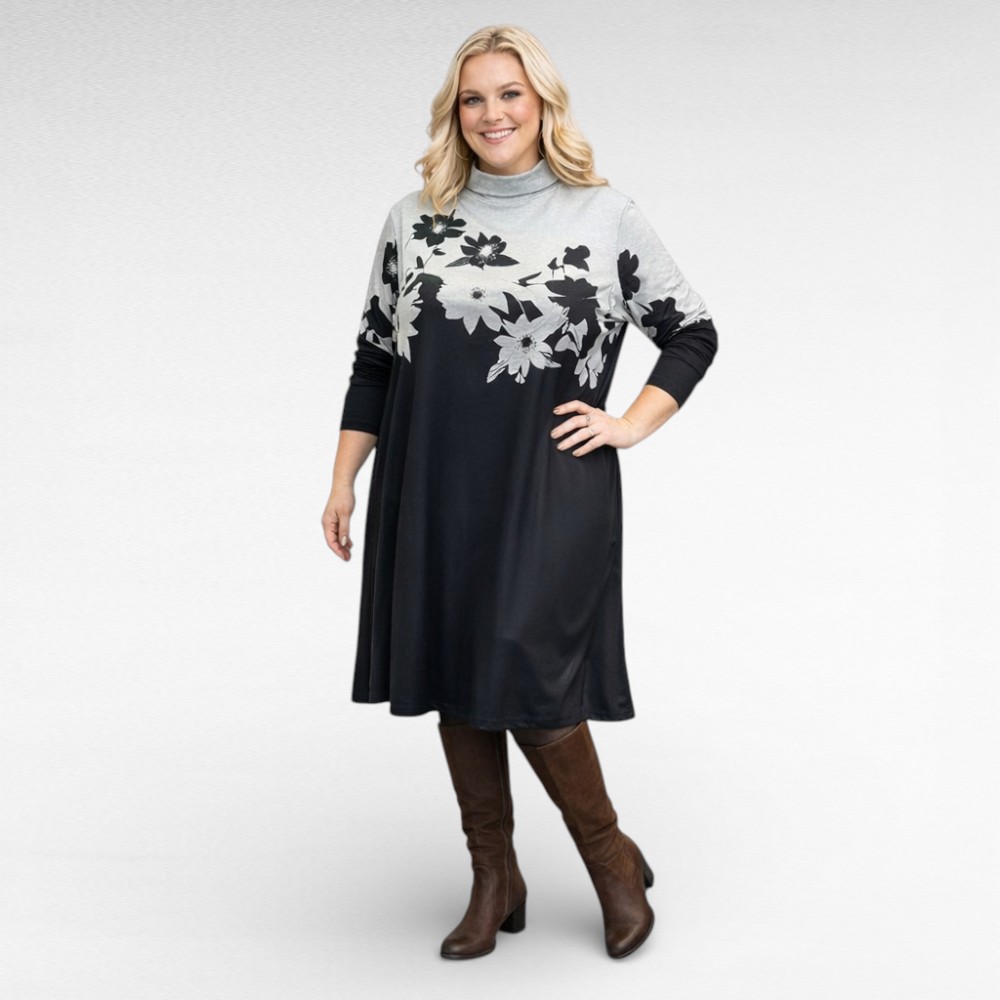 KL.952 - Halli- ja mustakirju lillemustriga soojem kleit "Emery Rose"