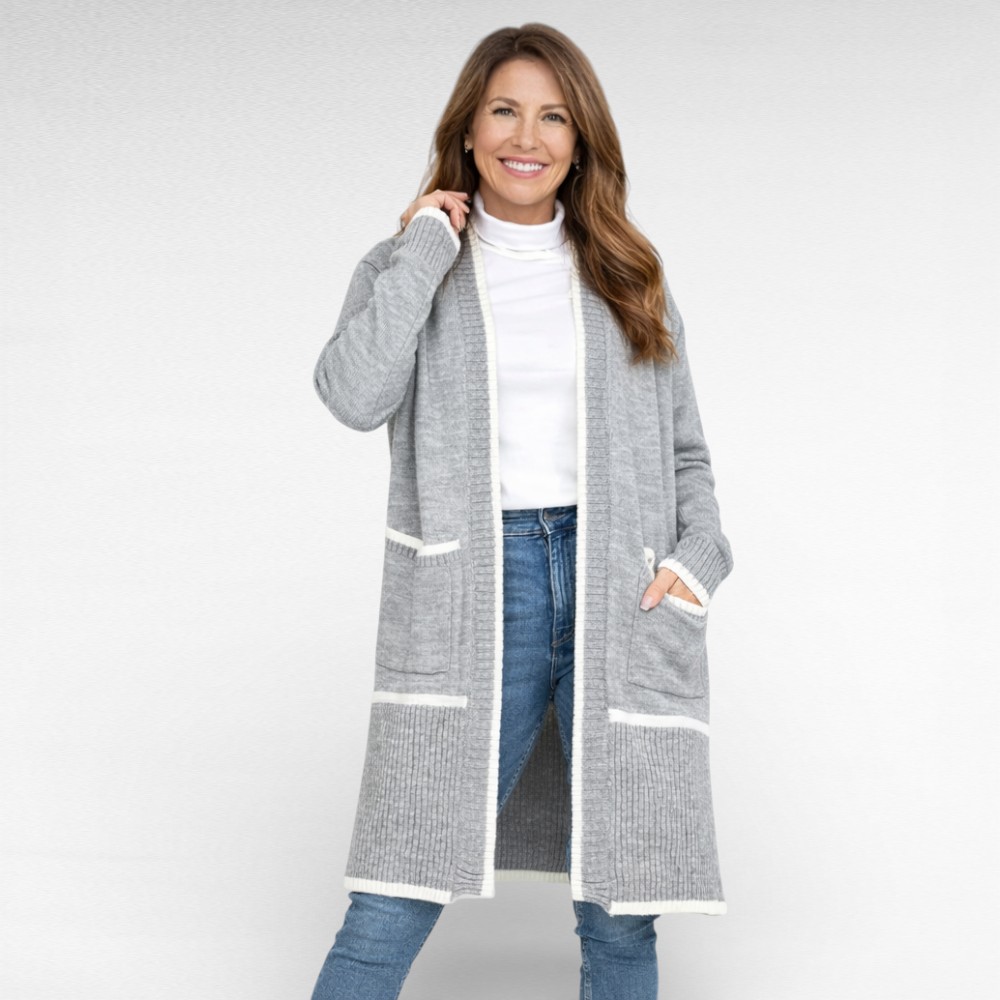 KA.157 -Triibulise mustriga taskutega pikem pehme kardigan - Image 2