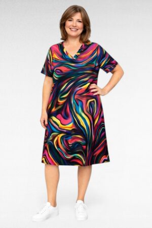 Värvikirev V-kaelusega taskutega kleit  (KL.525)