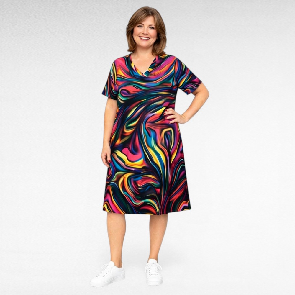 Värvikirev V-kaelusega taskutega kleit (KL.525)