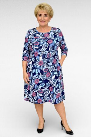 KL.776 - Tumesinine kirju lillemustriga taskutega naiste kleit "Miss Classic"