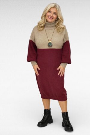 KL.704 - Soe kõrge kaelusega beeži ja veinipunase tooniga kootud kleit "Luise"