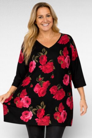 TU.618 - Must punase-ja roosakirju roosimustriga V-kaelusega tuunika "Esmira Fashion"