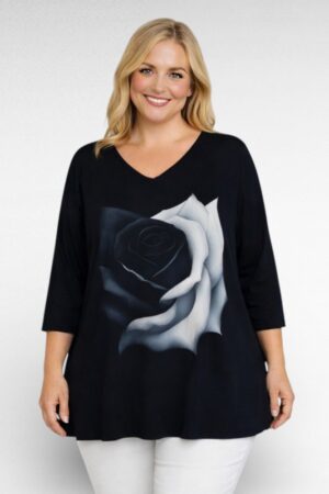 TU.519 - Must efektse roosimustriga V-kaelusega tuunika "Betti Fashion"