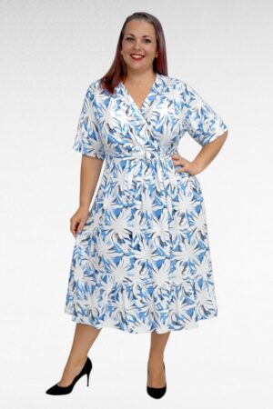 KL.949 - Sinisekirju lillemustriga hõlmiklõikega vööga kleit "Lisette"