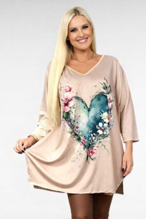 TU.074 - Beež kauni südamemustriga tuunika "Esmira Fashion"