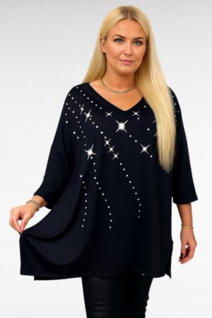 TU.629 - Must valge tähemustriga V-kaelusega tuunika "Esmira Fashion"