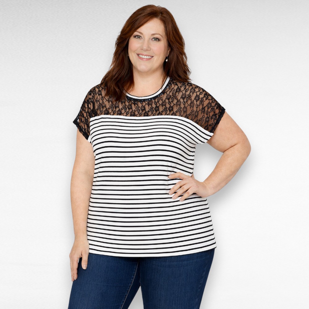 Musta-ja valgetriibuline pitsiga pluus "Capsule" (PL.216)