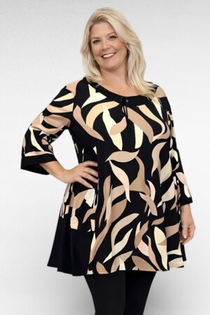 TU.523 - Salendava lõikega beeži- ja mustakirju taskutega tuunika